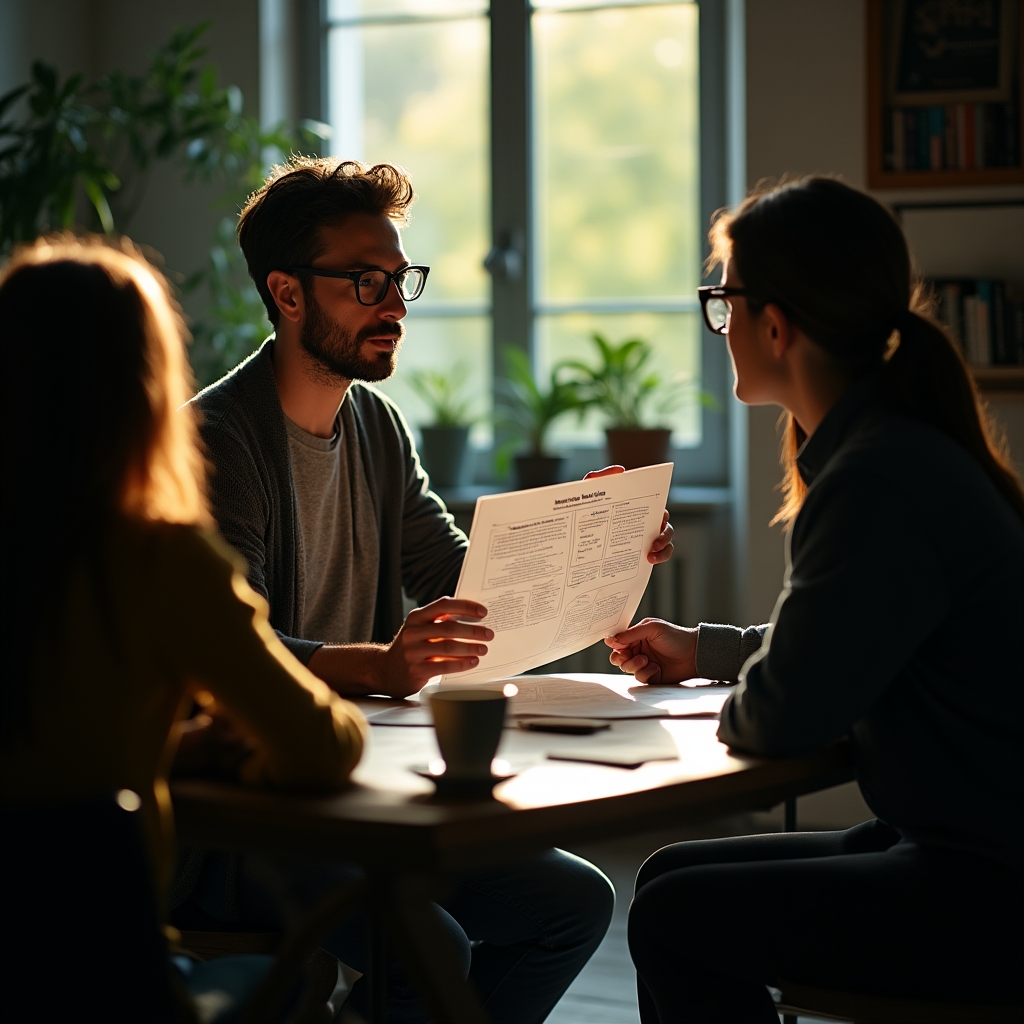 Sesión de mentoría entre formador y grupo reducido de emprendedores revisando documentos